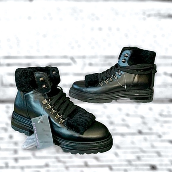 Last HTF Elena Solano Fur Leather Black Combat Ankle Boot NWT - Picture 6 of 12